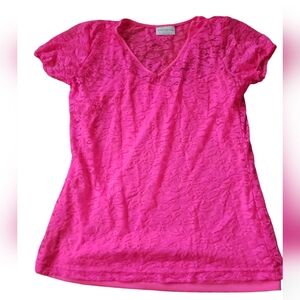 EUC Bobbie Brooks women's hot pink lace semi sheer top.